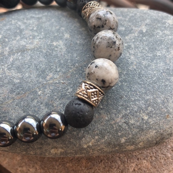 Handmade stretch bracelet,sesame Jasper beads,lava beads and hematite, size S/M - Picture 9 of 10